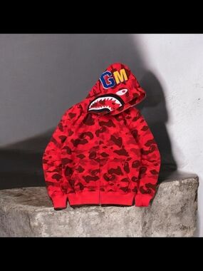 Bathing Ape Hoodie!!Red Camo Shark-Print Zip Hoodie for Kids